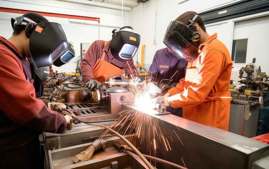 People in overalls welding in an engineering workshop